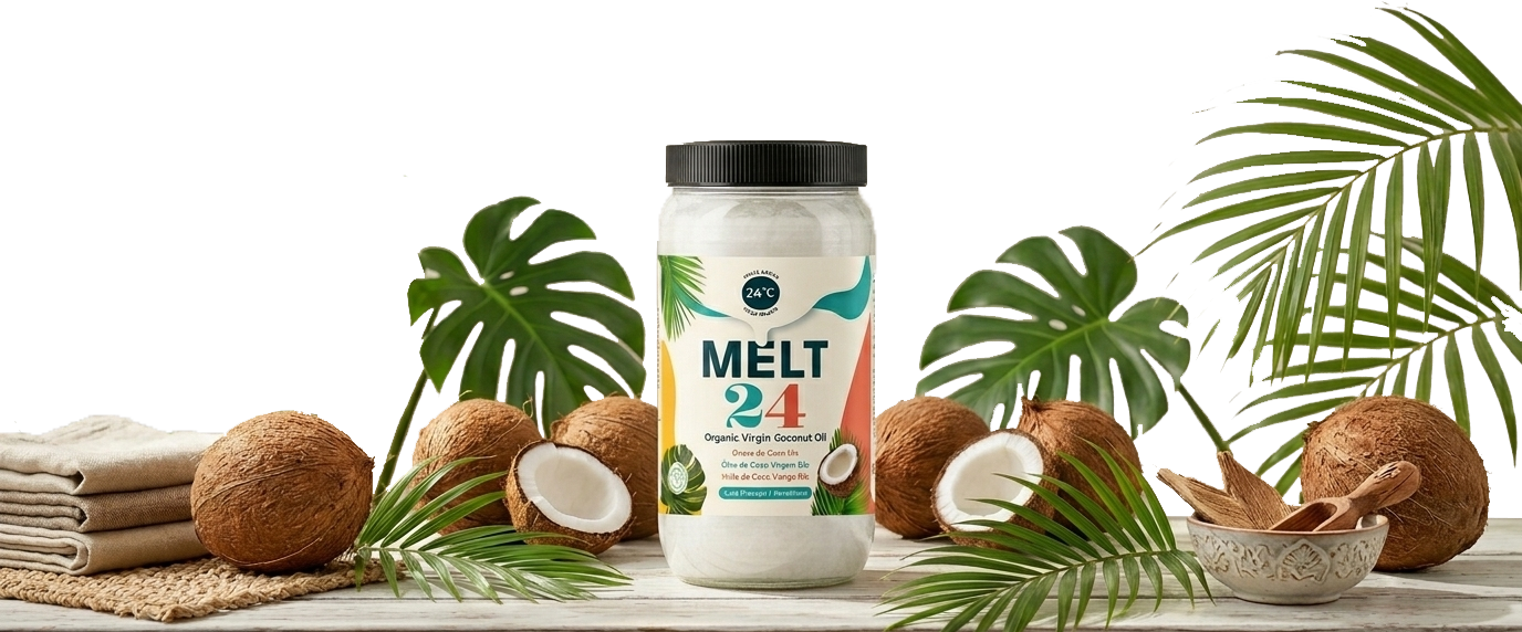 Pot d'oli de coco MELT 24 amb cocos i fulles tropicals